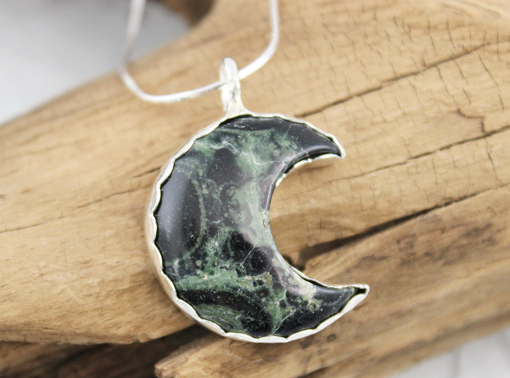 Exquisite Handmade Kambaba Jasper Crescent Moon Necklace in Sterling Silver | Healing Crystal Jewelry