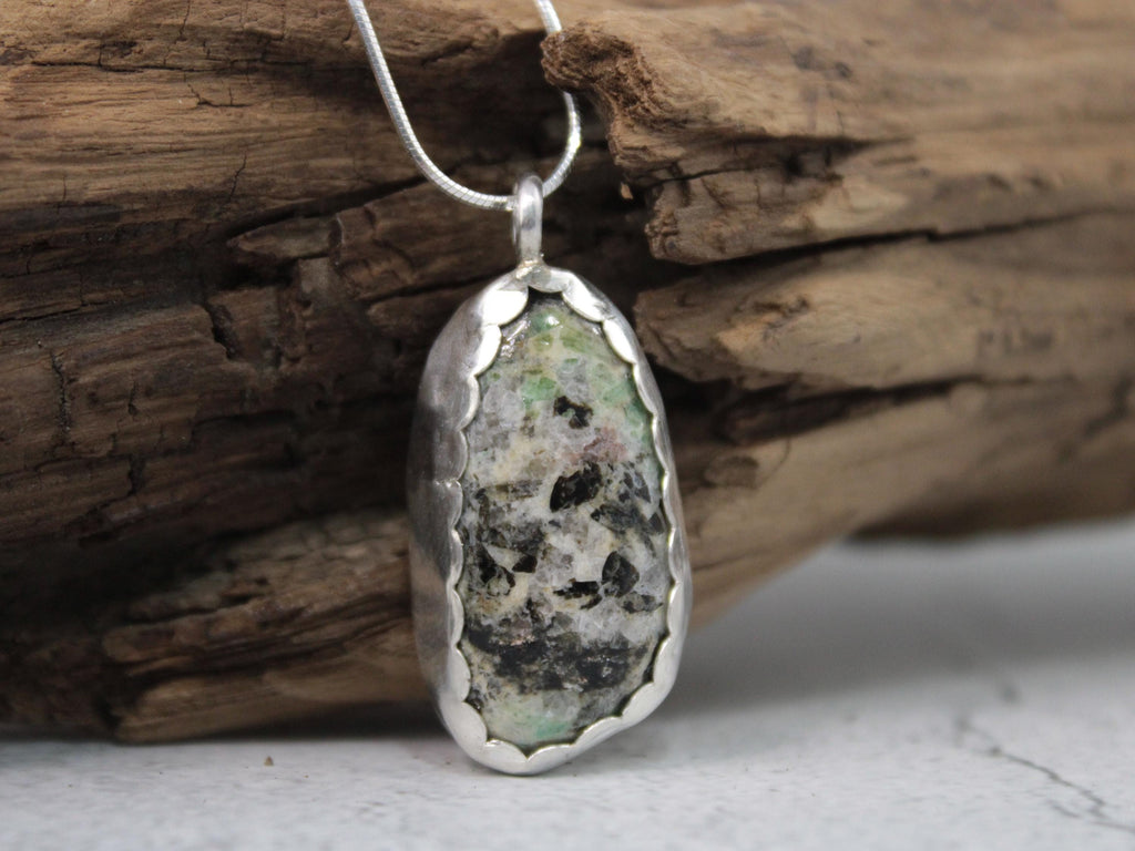 Raw Emerald Pendant Necklace – Sterling Silver May Birthstone Jewelry – North Carolina Tourmaline and Quartz Stone