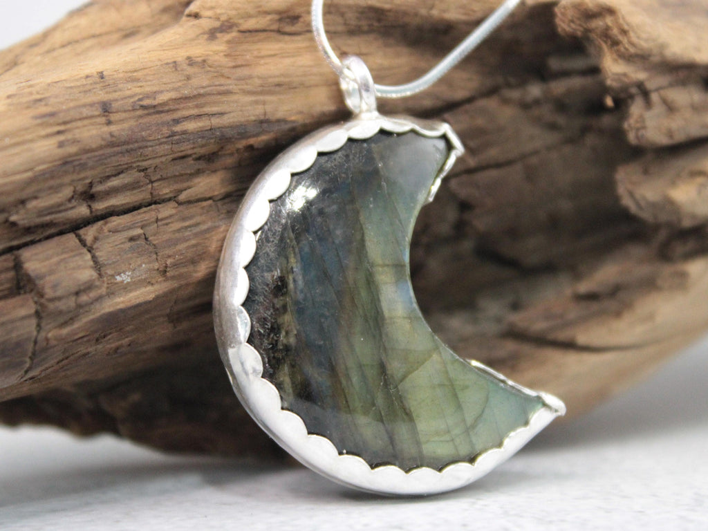 Labradorite Crescent Moon Necklace – Iridescent Galaxy Pendant in Sterling Silver – Celestial Handmade Jewelry