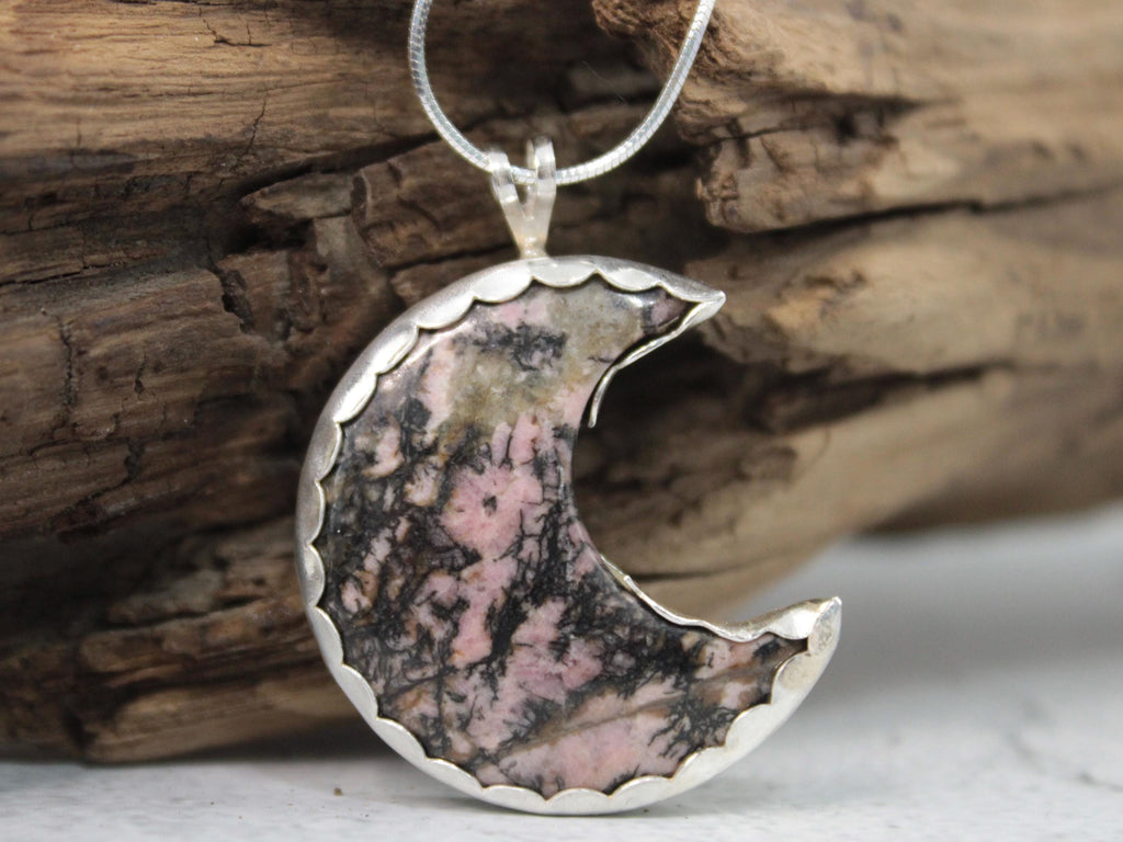 Rhodonite Moon Necklace – Sterling Silver Crescent Pendant – Handmade Pink Gemstone Jewelry with Celestial Charm