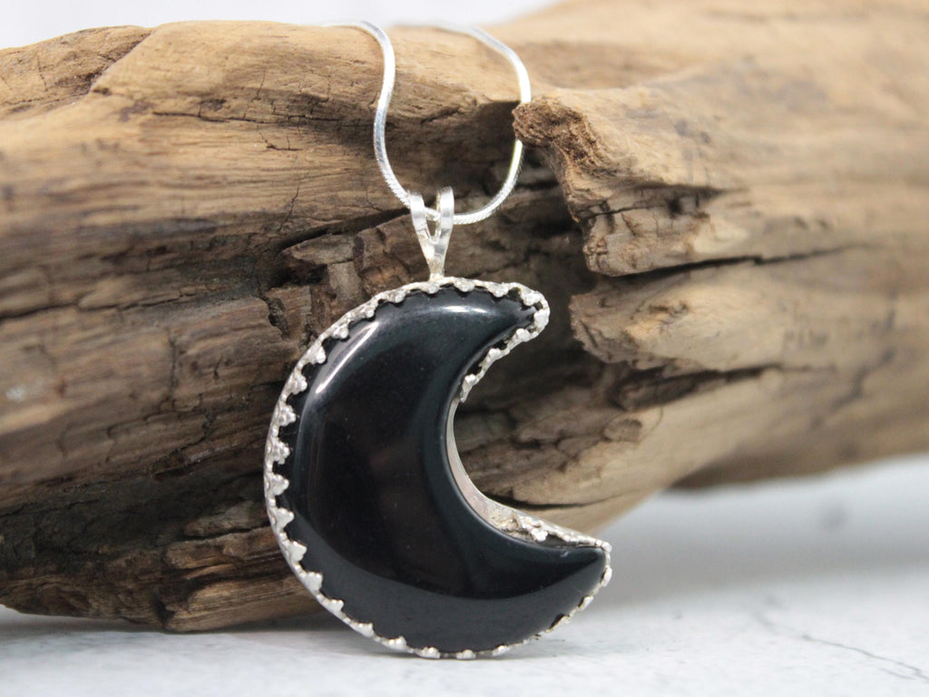 Black Obsidian Moon Necklace – Sterling Silver Crescent Pendant – Handmade Celestial Jewelry Gift for Her