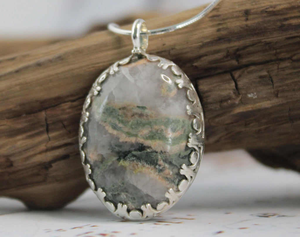 North Carolina Stone Necklace – Chatham Flame Green Jasper Pendant – Handmade Sterling Silver Gift for Her