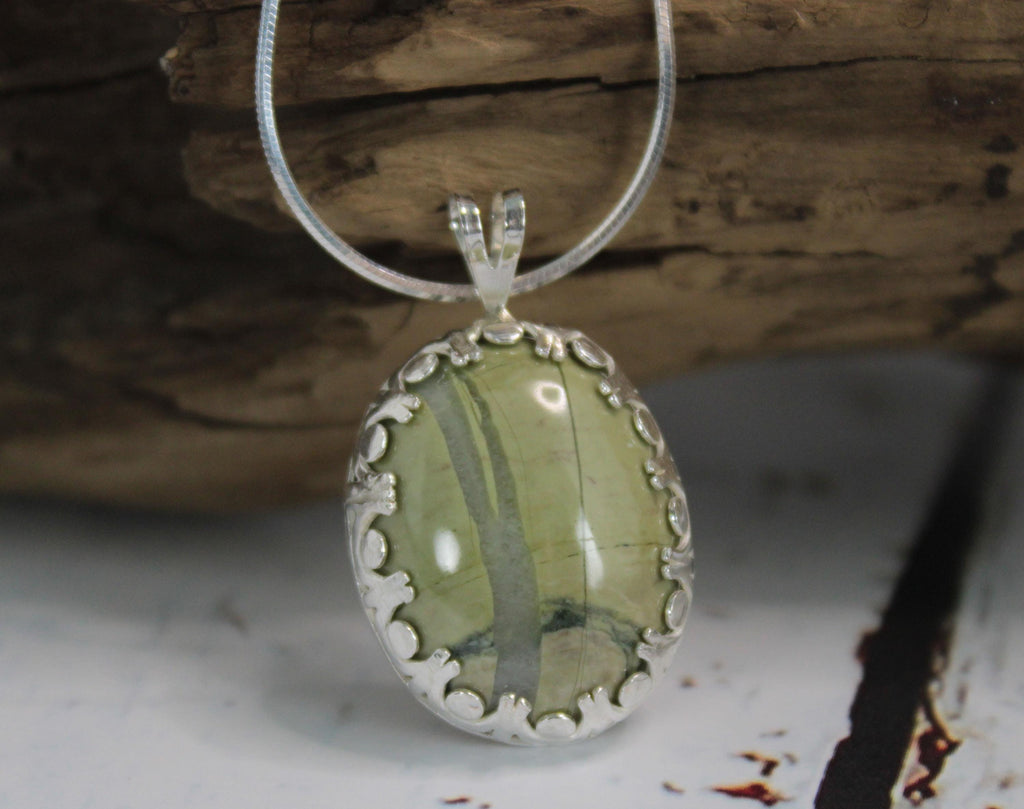 Green Stone Necklace – Handmade North Carolina Stone Pendant from Chatham County, NC – Sterling Silver Earthy Gift for Her