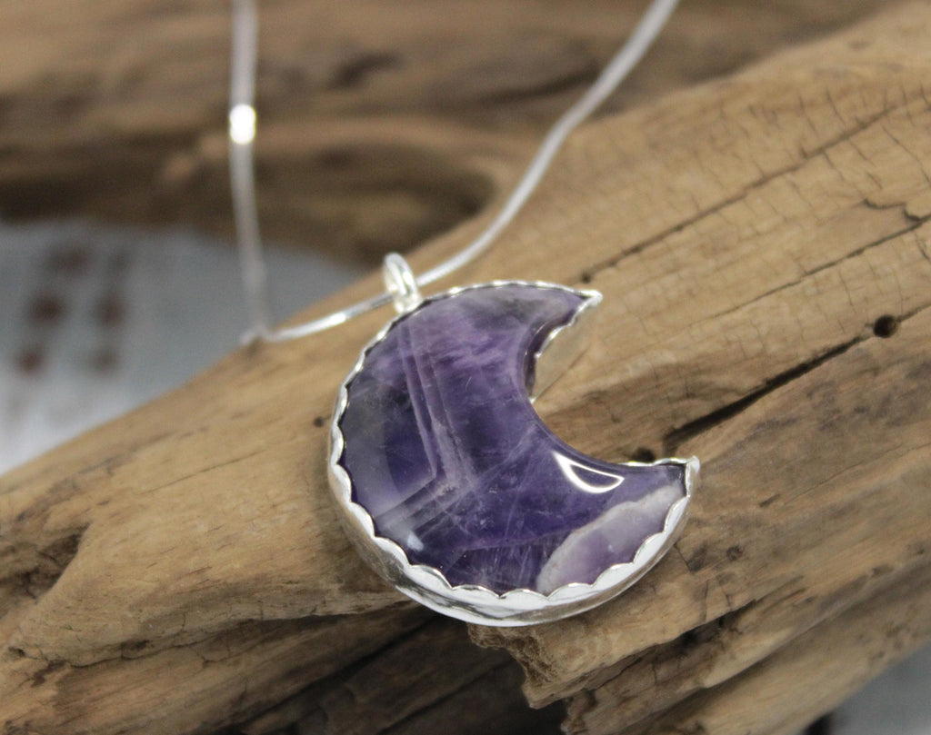 Amethyst Moon Necklace – Chevron Crescent Pendant in Sterling Silver – Handmade February Birthstone Gift
