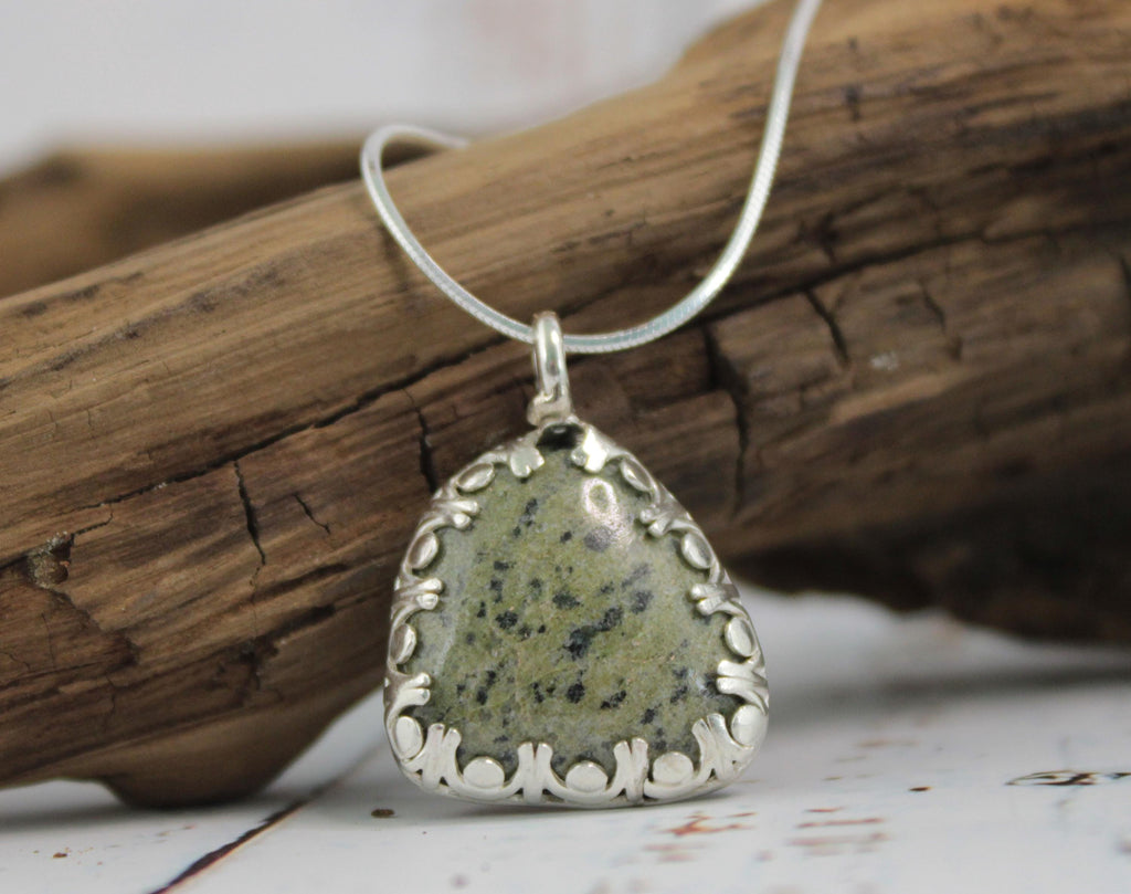 Green Stone Pendant Necklace – Handmade Epidote Granite from North Carolina – Sterling Silver Gift for Nature Lovers