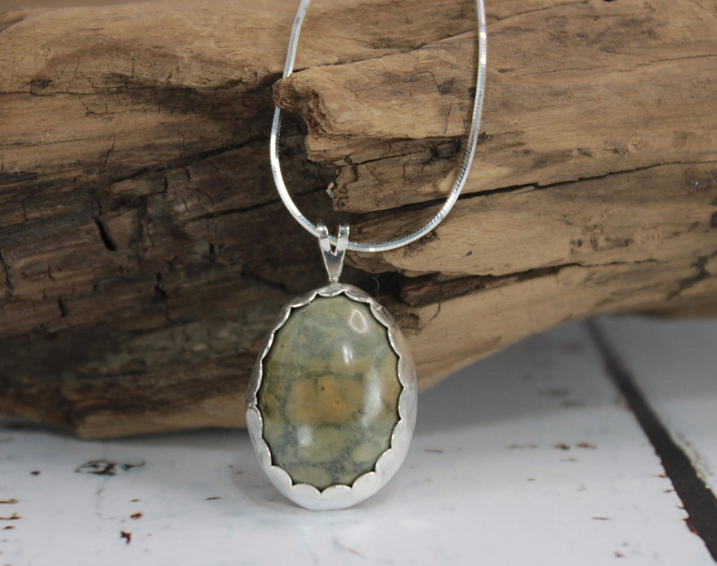 Spotted Rhyolite Pendant Necklace – Handmade Green Stone from North Carolina – Sterling Silver Nature Jewelry Gift for Her