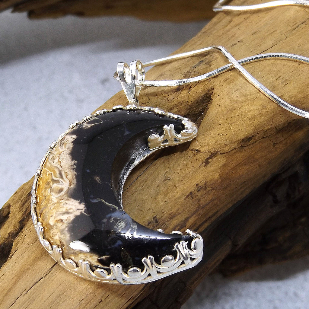 Fossilized Palm Wood Crescent Moon Necklace
