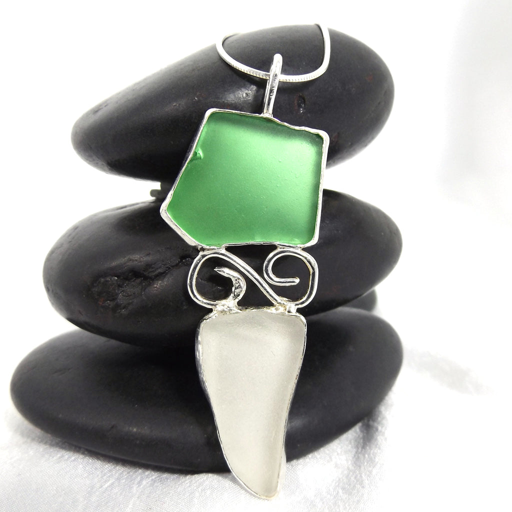 Green and White Sea Glass Pendant Necklace - Eluna Jewelry