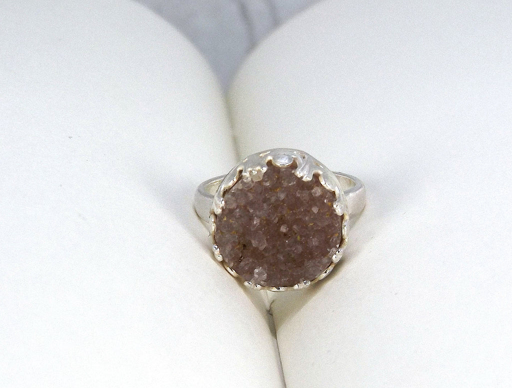 Adjustable Sterling Silver and Smoky Quartz Druzy Ring