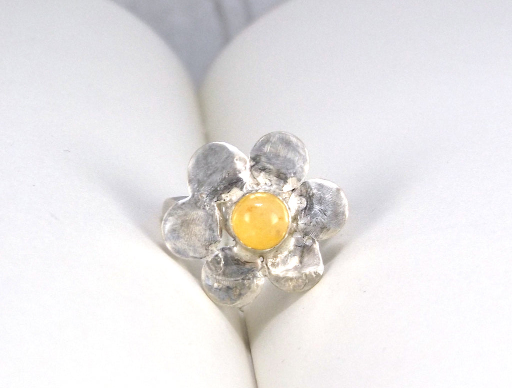 Adjustable Sterling Silver and Yellow Agate Flower Ring